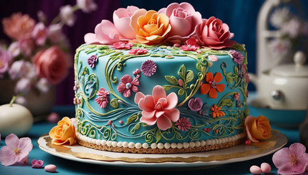 Birthday cake decorated with flowers on blue background, close-upの写真素材