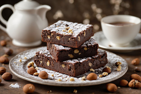 Chocolate brownies with nuts and a cup of coffee on wooden backgroundの写真素材