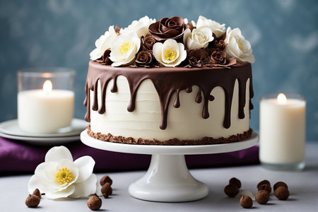 Chocolate cake decorated with white flowers and chocolate icing on a light backgroundの写真素材