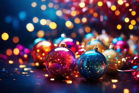 Christmas background with Christmas balls and bokeh lights on dark backgroundの写真素材