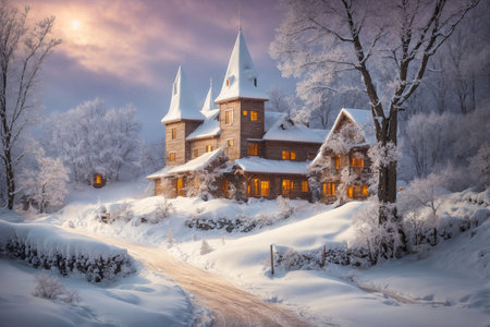 Beautiful winter landscape with the old wooden church in the forest.の写真素材