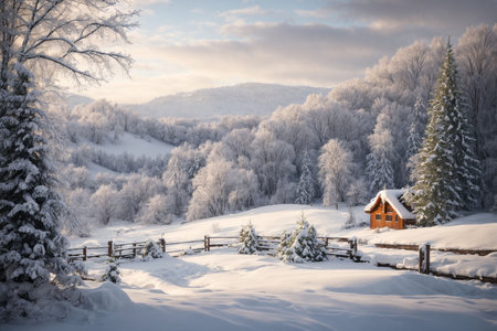 Beautiful winter landscape with a wooden house in the Carpathian mountainsの写真素材