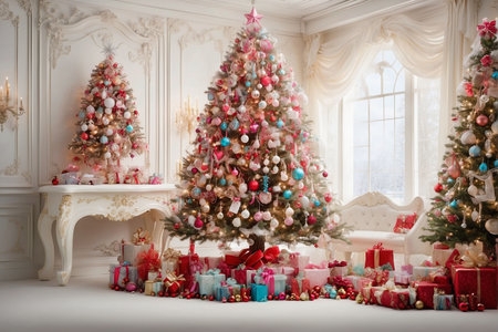 Christmas tree with gifts under the tree in the interior of the roomの写真素材