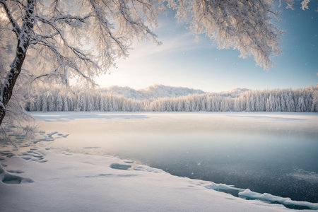 Beautiful winter landscape with frozen lake and trees in hoarfrostの写真素材