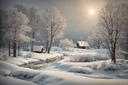 Winter rural landscape with snow covered trees and house in the forest.の写真素材