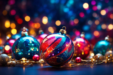 Colorful Christmas balls on bokeh background. New Year concept.の写真素材