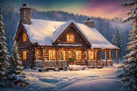 Beautiful wooden log house in the winter forest. Christmas and New Year background.の写真素材