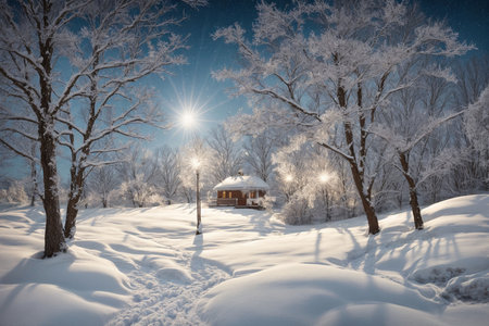 Beautiful winter landscape with snow-covered trees and a wooden houseの写真素材