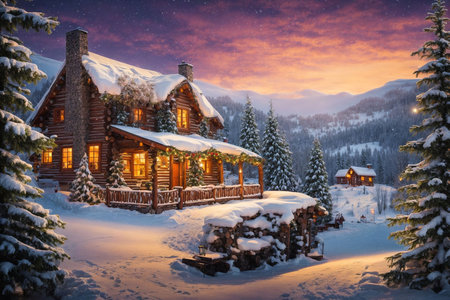Beautiful wooden house in the mountains at sunset. Winter landscape.の写真素材