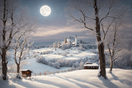 Beautiful winter landscape in the mountains at night with full moon.の写真素材
