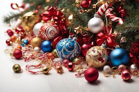 Christmas decoration with baubles and ornaments on white backgroundの写真素材