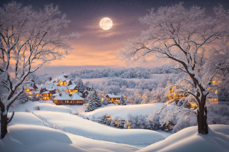 Beautiful winter landscape with snow covered trees and house at night.の写真素材