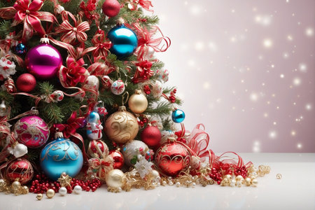 Christmas tree and ornaments on the white background with copy spaceの写真素材