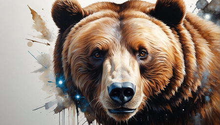 Digital painting of a brown bear head with big eyes. Portrait of a wild animal.の写真素材