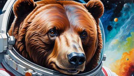 Portrait of a brown bear in an astronaut's helmet against the background of the outer space.の写真素材