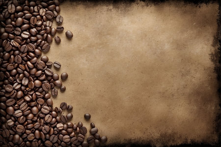 Coffee beans on grunge paper background with space for textの写真素材