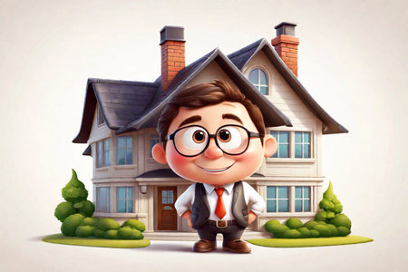 3D illustration of a little businessman standing next to his house and smilingの素材