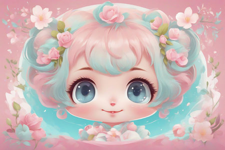 Cute cartoon girl with pink hair and flowers in watercolor styleの素材