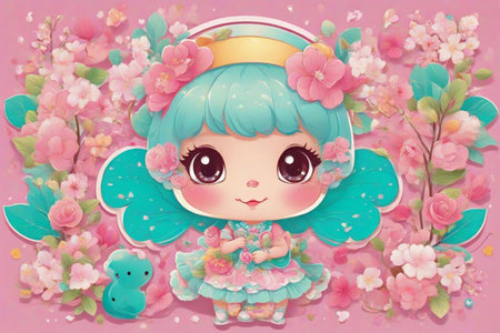 Cute little fairy with cherry blossom background. Vector illustration.の素材