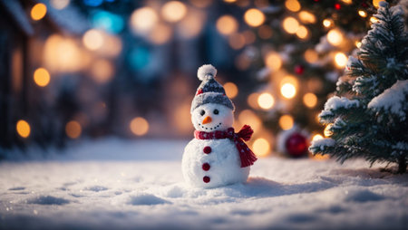 Snowman on snow with bokeh lights background. Christmas and New Year concept.の写真素材