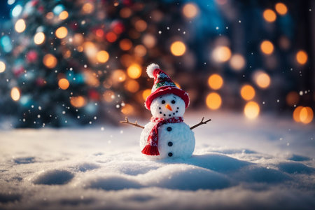 Snowman on snow with Christmas tree and bokeh background.の写真素材