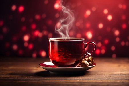 Cup of hot tea on wooden table against bokeh lightsの写真素材