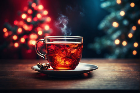 Cup of hot tea on wooden table in front of Christmas treeの写真素材