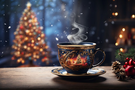 Cup of hot drink with christmas tree on background. Winter holiday concept.の写真素材