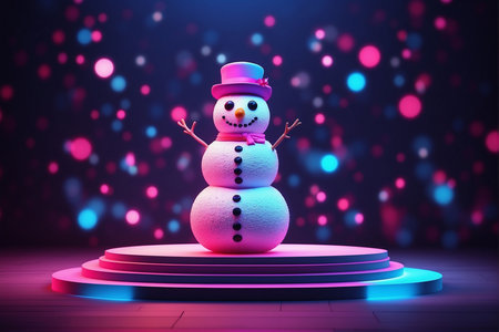 Snowman on podium with colorful bokeh background, 3d renderの写真素材