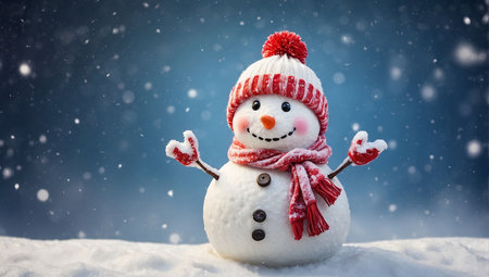 Snowman with red scarf and hat on blue background with snowflakesの写真素材