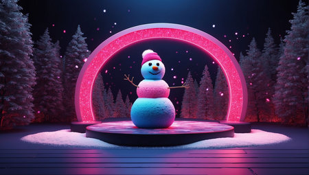 Snowman in the winter forest. 3D rendering. Christmas background.の写真素材