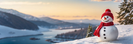 Snowman in red hat and scarf on the background of mountains and lakeの素材