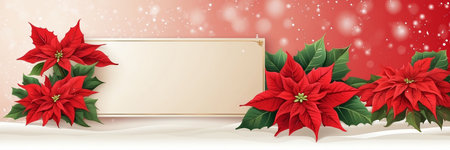 Christmas background with poinsettia flowers and greeting card. Vector illustration.の素材