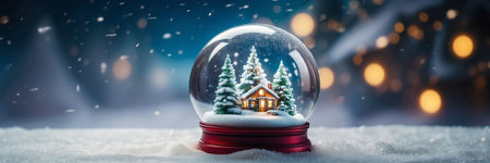 Snow globe with christmas tree and house in snow. Panoramic bannerの素材