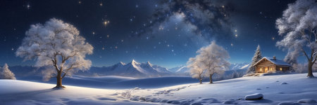 Beautiful winter landscape with snow covered trees and wooden house at nightの素材