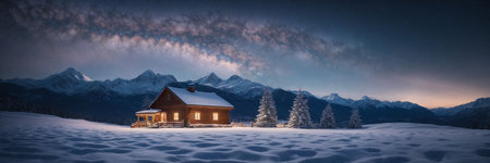 Beautiful winter landscape with wooden house in the mountains. Panoramaの素材