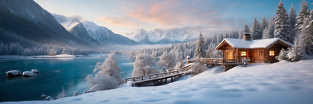 Panoramic view of beautiful alpine lake in winter, Switzerlandの素材