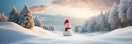 Snowman in the winter forest at sunset. Panoramic bannerの素材