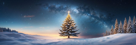 Fantastic Christmas landscape. Fir tree in the snow at night.の素材