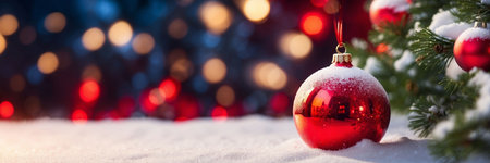 Red Christmas ball on snow with bokeh lights background. Copy space.の素材