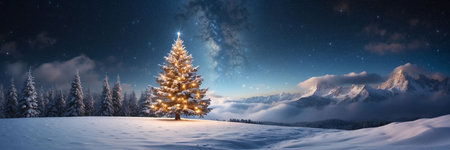 Christmas tree in the mountains. Panoramic view of winter landscape.の素材