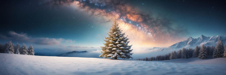 Fantastic winter landscape with snowy fir trees. Panoramic view.の素材