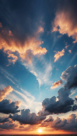 Beautiful sunset over the sea. Dramatic sky with clouds and sunの素材