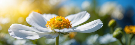 White flower on the blue sky background. Macro shot with shallow depth of field.の素材