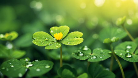 Beautiful green clover leaves with water drops. Nature background.の素材