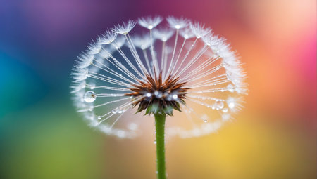 Dandelion flower with water drops close-up on colorful backgroundの素材