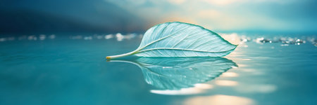 Green leaf on blue water background. Nature and environment concept banner.の素材
