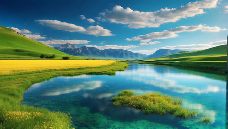 Mountain lake with green grass and blue sky. Nature composition.の素材
