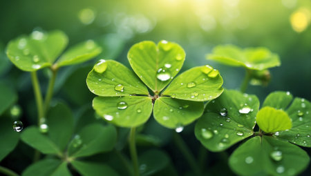 Green clover leaf with water drops, close up. Nature backgroundの素材