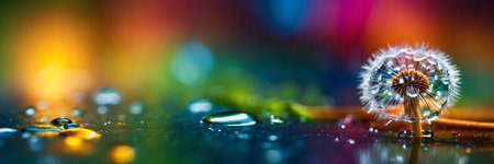 Dandelion seeds with water drops close-up, macro photographyの素材